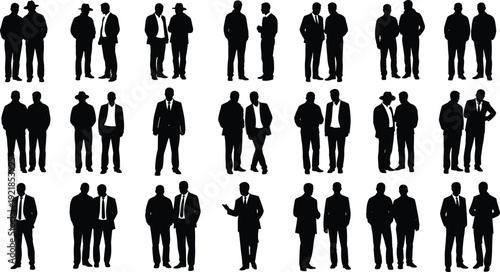 Black silhouette vector illustrations of men in pairs, standing together in various poses with formal attire, perfect for social interaction, design, and communication projects.