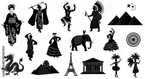 Collection of cultural icons and landmarks silhouette set.