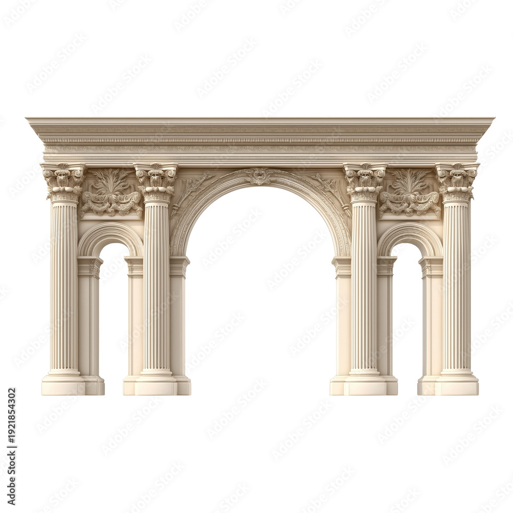 Obraz premium Ornate classical stone archway with Corinthian columns isolated on a transparent background