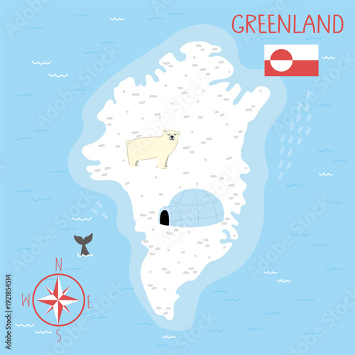 A cute cartoonish map of Greenland with a polar bear, an igloo and a whale tail.
