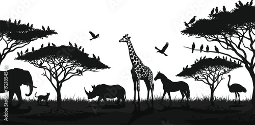 Savannah wildlife silhouette vector illustration set, black white clipart of elephant giraffe rhino ostrich tree design, artwork bundle for African nature themes