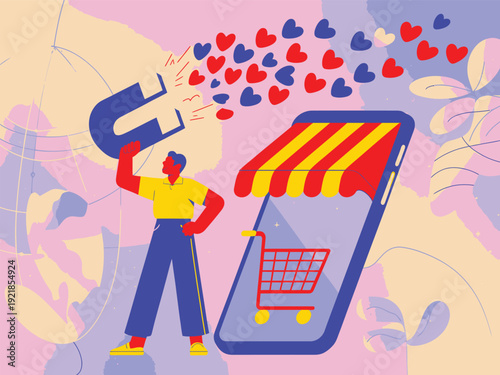 Digital Marketing Concept: Person Attracting Likes and Sales with Magnet and Mobile Store