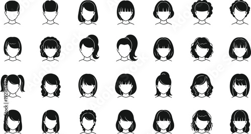 Collection of female hairstyle silhouette vectors in black and white, showcasing diverse hair designs including ponytails, braids, curls, bangs, and buns for fashion and beauty projects.