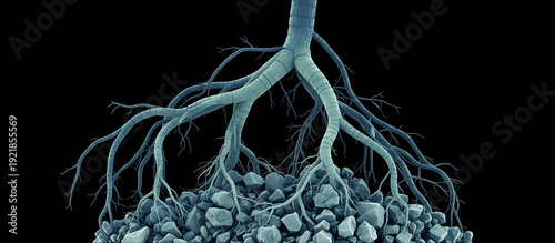 Close-up 3D visualization of a powerful tree root system gripping stones on a black background.