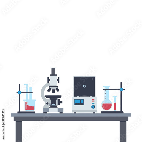 A laboratory bench with scientific equipment including a microscope, centrifuge, and beakers filled with red liquid, set against a white background.