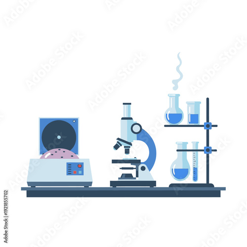 Illustration of a laboratory setup featuring a centrifuge, microscope, and glassware on a shelf, symbolizing scientific research and experimentation.