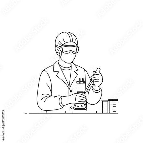 A scientist in a lab coat, safety goggles, and gloves meticulously performs an experiment, carefully using a pipette to add liquid to a flask.