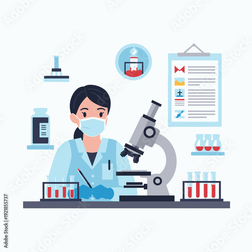 A scientist in a lab coat and mask examines a sample under a microscope, surrounded by lab equipment and test tubes.