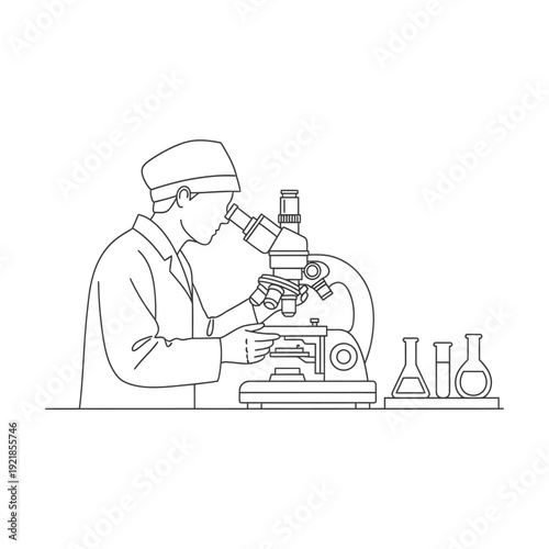A scientist in a lab coat and cap meticulously examines a specimen under a microscope, with beakers and flasks on a shelf nearby.