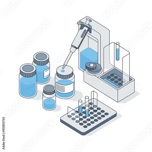 Illustration of laboratory equipment including pipettes, vials, and a multi-well plate for scientific research and analysis.