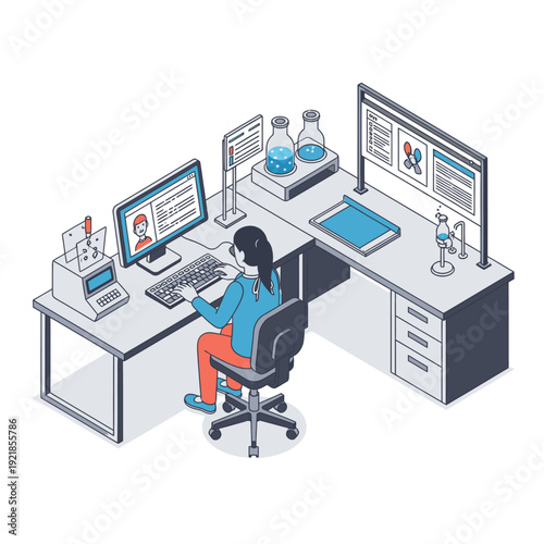 A scientist works at a computer in a modern laboratory setting, surrounded by scientific equipment and displays.