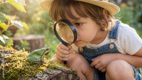 Curious child examines frog through magnifying glass on mossy log. Toddler in hat and overalls explores nature outdoors. Discovery and learning concept in garden setting.