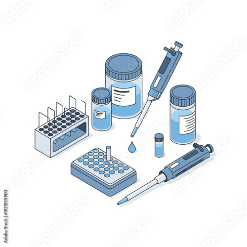 Obraz na plátně Illustration of laboratory equipment including pipettes, vials, and racks for scientific research and experiments