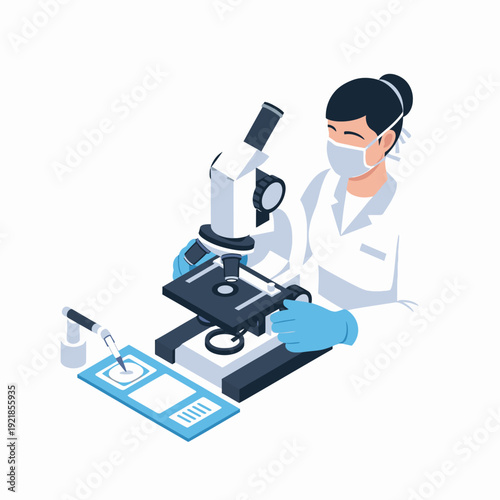 A scientist wearing a mask and gloves examines a sample under a microscope in a laboratory setting.