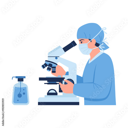 A medical professional in surgical attire and a face mask meticulously examines a specimen under a microscope, with a bottle of hand sanitizer nearby.