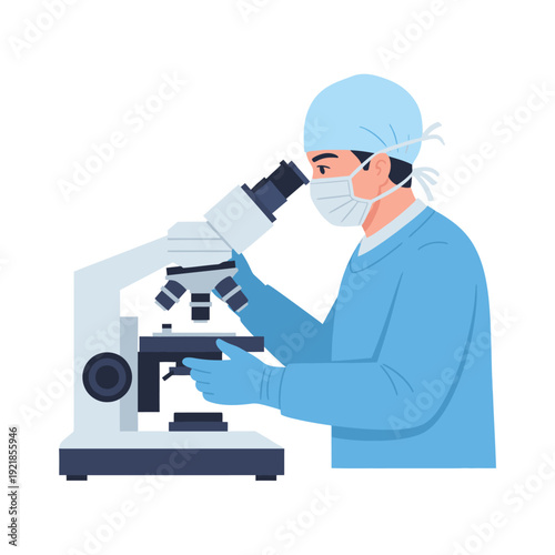 A medical professional in surgical attire and mask meticulously examines a specimen under a microscope in a laboratory setting.