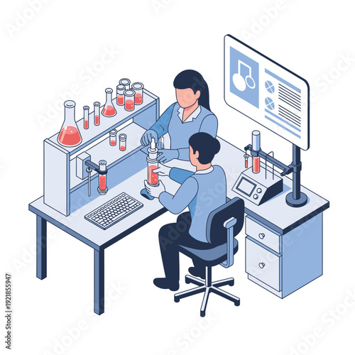 Two scientists in a modern laboratory setting, meticulously conducting experiments with beakers, test tubes, and advanced equipment, while a digital display shows research data.