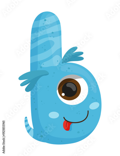 Vector illustration of a blue monster letter B with a tongue and horns. The character is cartoonish and designed for children's learning.