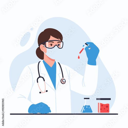 A female scientist in a lab coat, wearing gloves and a mask, carefully examines a blood sample in a test tube.