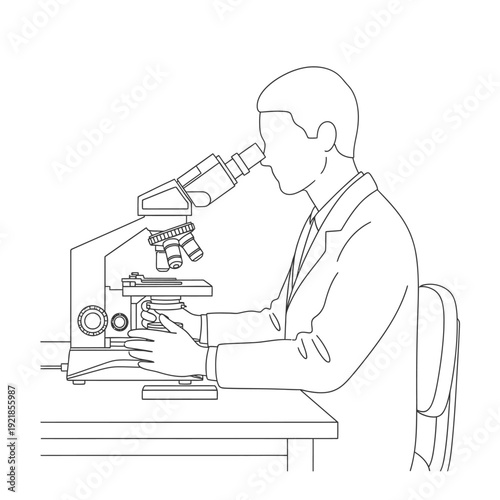 A scientist in a lab coat uses a microscope at a desk, focusing on a slide with precision.