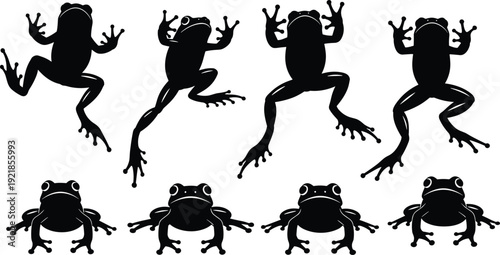 Frog silhouette collection set, jumping and sitting amphibian poses, black vector illustration isolated on white background