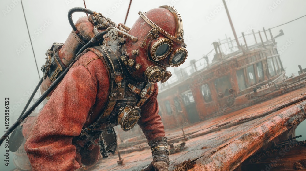 Naklejka premium Steampunk diver near rusty shipwreck