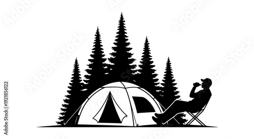 Camping Silhouette A Person Relaxing by a Tent Amidst Pine Trees in a Serene Outdoor Scene