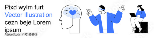 Mental health, communication, digital work, brainstorming, technology, modern lifestyle. Human head with heart, person pointing person with laptop. Mental health and communication