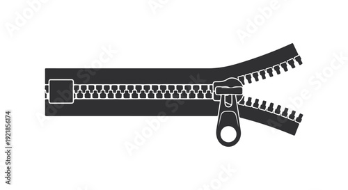 Zipper fastener illustration - A clean, minimalistic representation of an open zipper with a pull tab, perfect for design and apparel projects