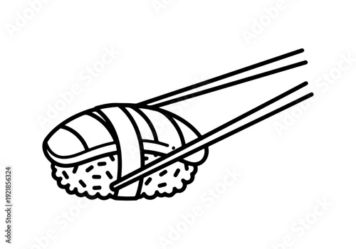 Hand drawn illustration of sushi being held by chopsticks, a delicious Japanese food item, perfect for culinary themes and food blogs