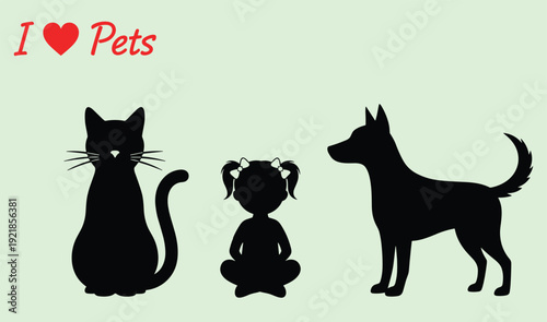 I love pets silhouette illustration, girl sitting with cat and dog, cute animal companionship vector design on pastel background