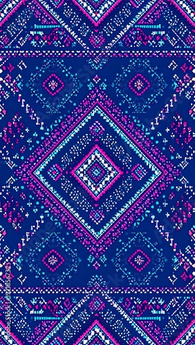Symmetrical aztec pattern with geometric shapes in shades of blue, pink, and white fills the frame