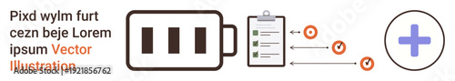 Energy optimization, productivity, task tracking, medical services, healthcare innovation, efficiency. Battery icon, clipboard with tasks and medical cross symbol. Energy optimization