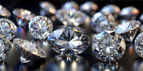 Many diamonds are arranged on a dark surface. Each diamond reflects light distinctly. The diamonds vary in shape and show clarity and brilliance. The scene shows the beauty of gemstones
