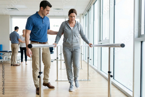 rehabilitation scene with parallel bars and a therapist guiding gait training