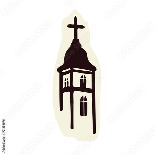 Hand drawn village church landscape scene with christian cross on bell tower. Black and white isolated vector motif for chapel, shrine Christian pilgrimage sanctuary symbol. European camion travel