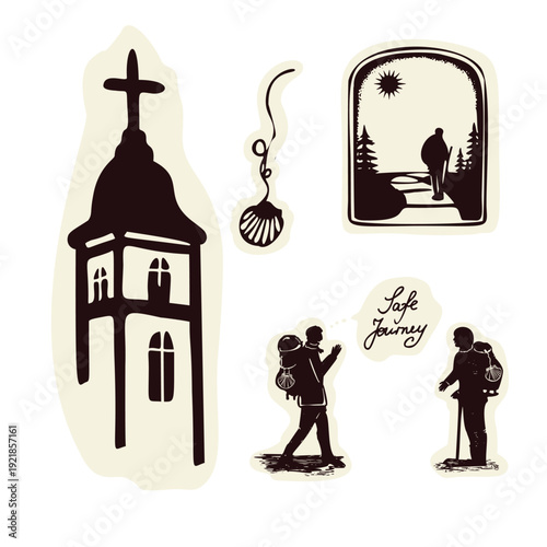 Hand drawn set of pilgrimage icon vector pictures. Black and white church sanctuary, scallop shell , safe journey passport stamp, backpacker person. Religious sanctuary travel collection.