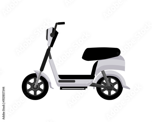 Vector illustration of an electric moped with a seat and step-through frame on a white background.