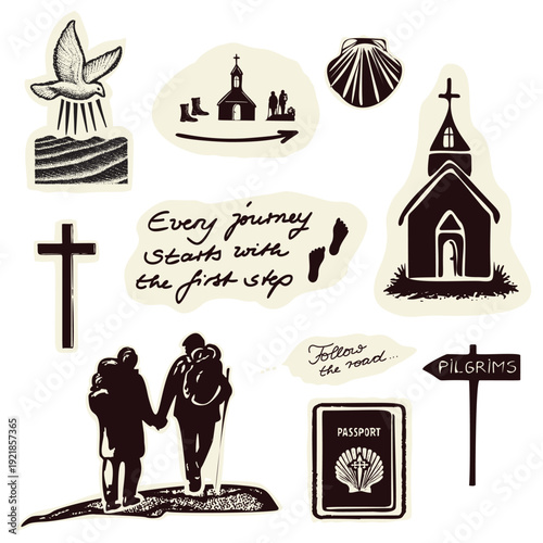 Hand drawn santiago the compostelo st james way sticker set for pilgrimage guide stamps. Europe churches on pilgrims way trail, buen camino sign , prayer stop. Travel icon passport motif collection