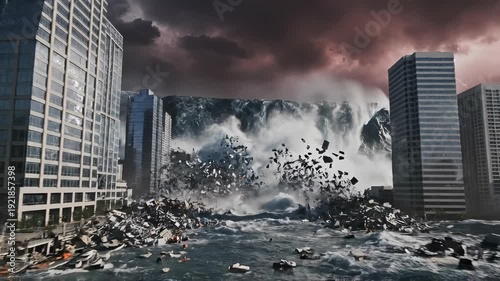 massive tsunami wave crashes into city, causing destruction and chaos. Dark stormy skies loom over urban landscape. Nature's power challenges human resilience.