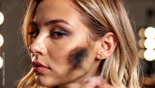 a woman applies blush to her face