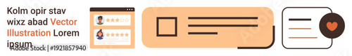 Digital interaction, feedback forms, messaging, user apps, communication tools, online reviews. Features icons of a chat window, profiles and a heart icon. Digital interaction and feedback forms