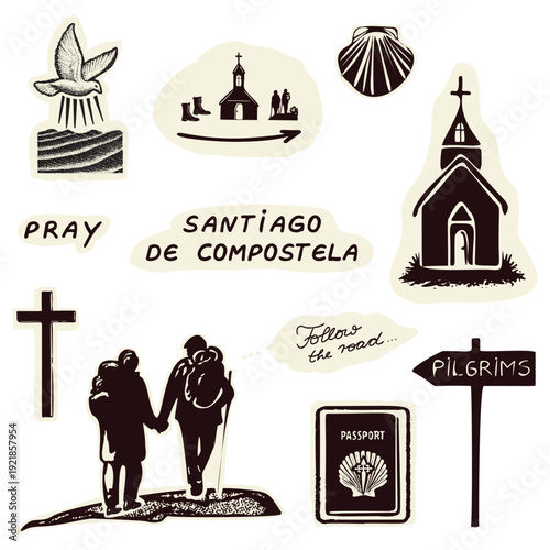Hand drawn santiago the compostelo st james way sticker set for pilgrimage guide stamps. Europe churches on pilgrims way trail, buen camino sign , prayer stop. Travel icon passport motif collection