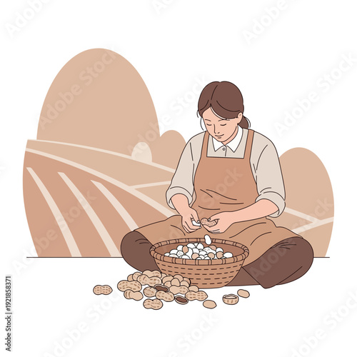 Farmer Woman Preparing Peanuts From Harvest Field Organic Farming Season