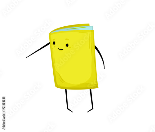 Vector illustration of a cartoon book character with a face and legs.