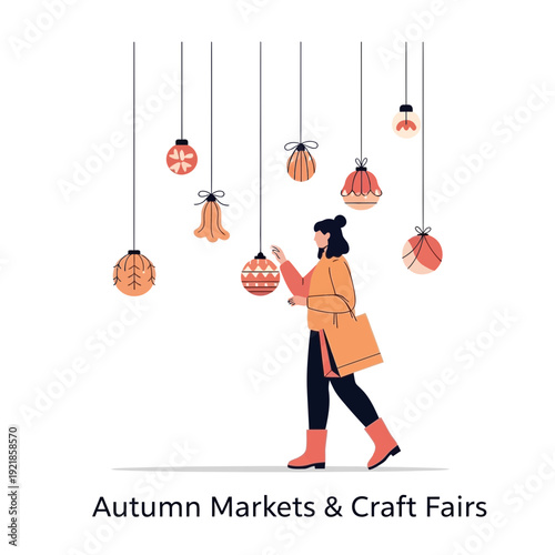Festive Autumn Market Decorations And A Shopper Browsing Unique Crafts
