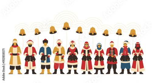 Festive Carolers In Traditional Attire With Golden Bells