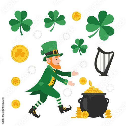 Festive Leprechaun With Pot Of Gold And Lucky Clovers