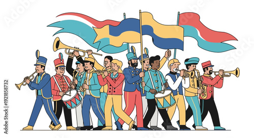 Festive Marching Band Parade Performance with Colorful Flags and Instruments