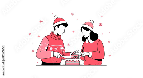 Festive Couple Sharing A Winter Celebration Cake Together